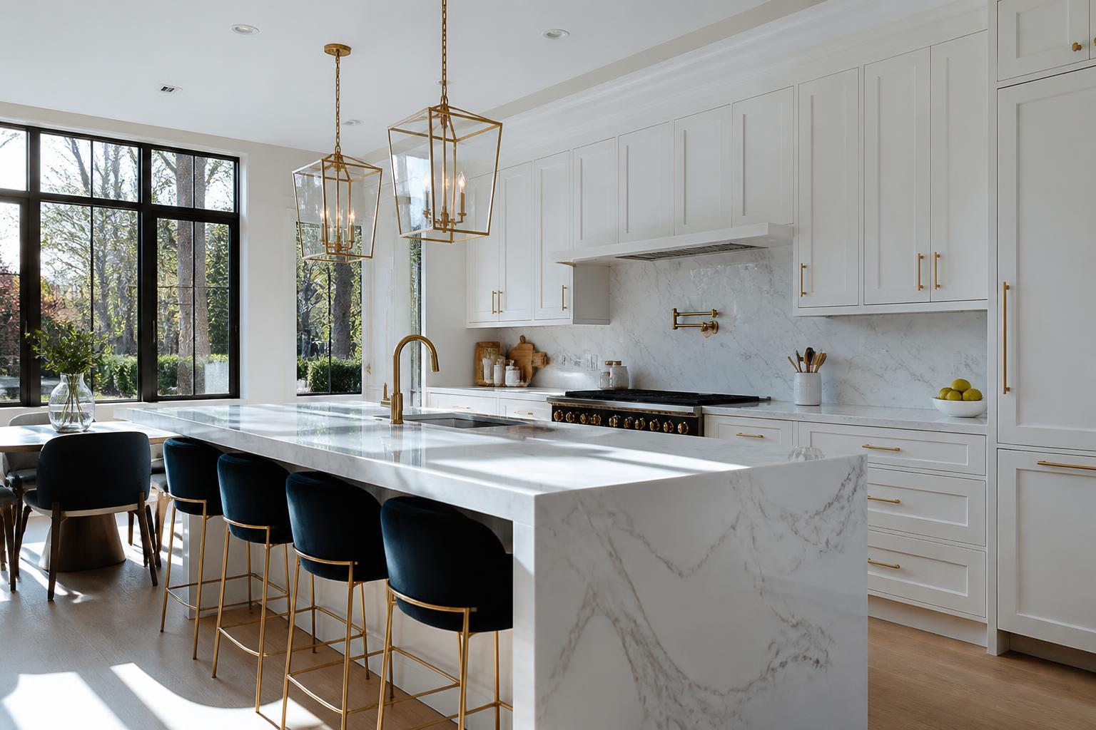 Renovated luxury kitchen with white cabinets and gold fixtures